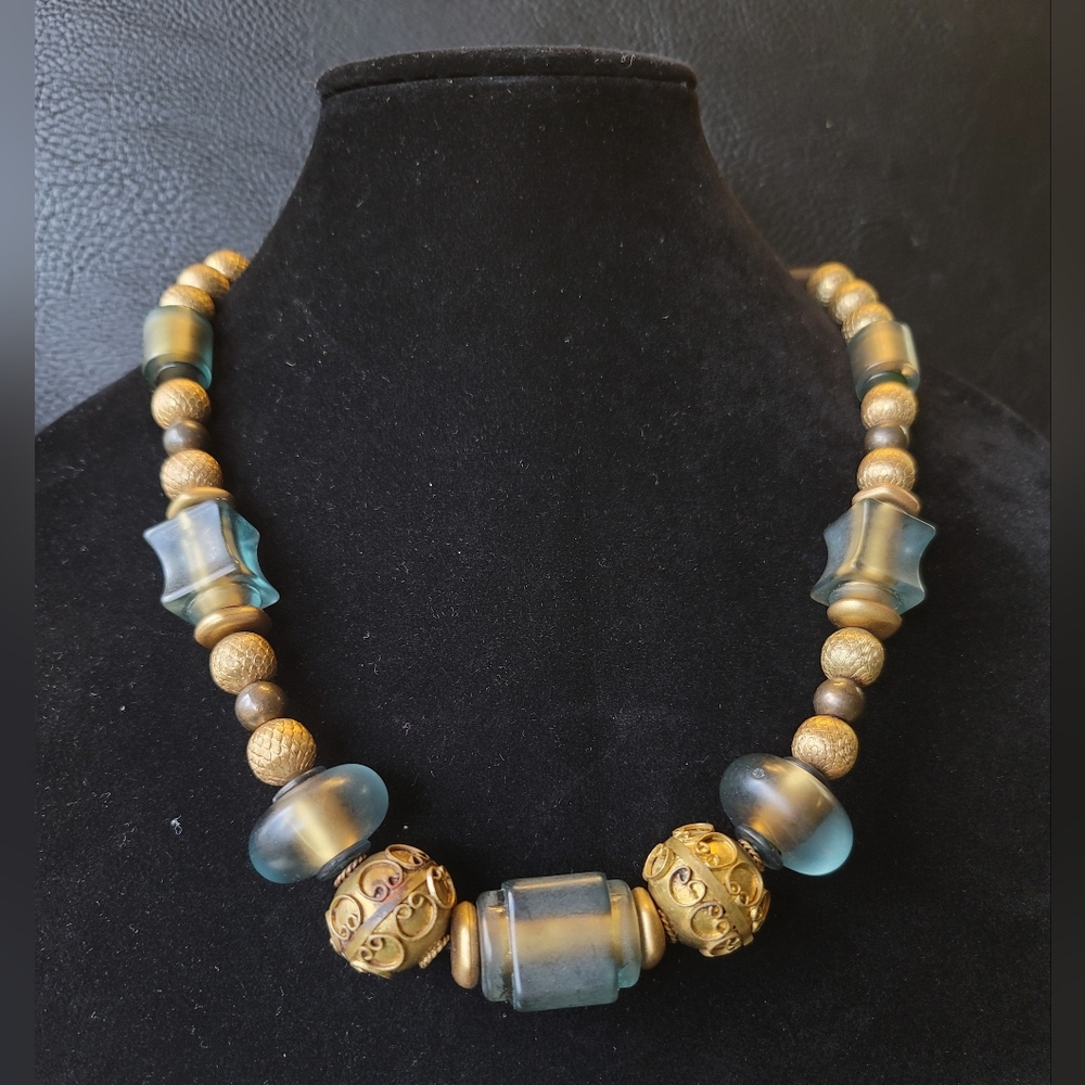 EXPRESS - Vintage, Hand Made In Italy, Green-blue Beads And Brass Necklace